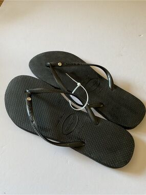HAVAIANAS WOMENS CRYSTAL EMBELLISHED FLIP FLOPS BLACK US SIZE 11/12 EU 43-44 NEW